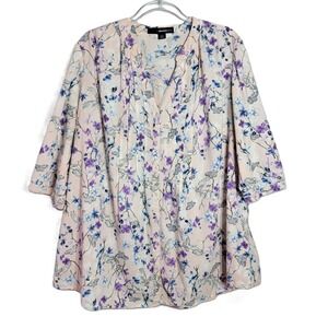 Denim 24/7 Floral Bird Butterfly Print V Neck 3/4 Tab Sleeve Top Plus Size 24W